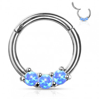 Anneau � segment clip et trio d'Opales Bleues (acier haute pr�cision)