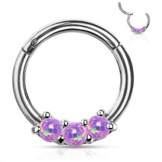 Anneau � segment clip et trio d'Opales Violettes (acier haute pr�cision)
