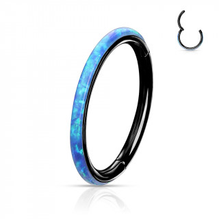 Anneau segment clip Noir � bande d'Opale Bleue (acier haute pr�cision)