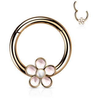 Anneau segment clipsable Cuivr� � fleur �maill�e rose et blanc (acier haute pr�cision)