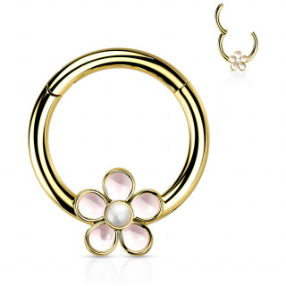 Anneau segment clipsable Dor� � fleur �maill�e rose et blanc (acier haute pr�cision)