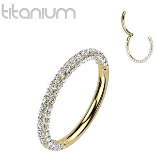 Anneau segment clipsable en Titane dor� pav� de zirconiums sur 3 faces