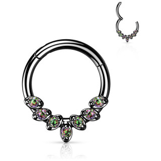 Anneau segment clipsable noir � zirconiums taill�s en amandes (acier haute pr�cision)