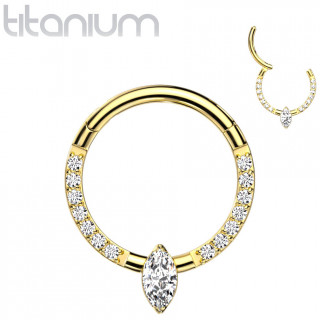 Anneau segment Titane dor� � duo d'arcs et marquise zirconium