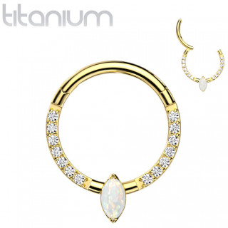 Anneau segment Titane dor� � duo d'arcs zirconium et marquise d'opale