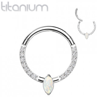 Anneau segment Titane � duo d'arcs zirconium et marquise d'opale
