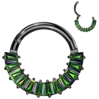 Anneau Titane clicker noir � arc de zirconiums verts en trap�zes