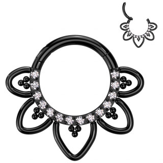 Anneau Titane fleur chic Noire � zirconiums (attache charni�re)