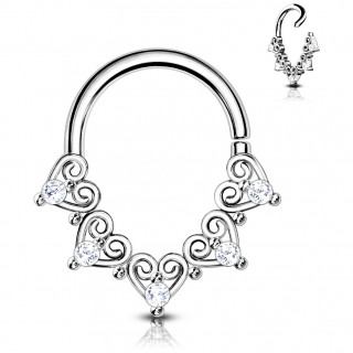 Anneau tordable Argent� � coeurs en spirales (septum, h�lix...)