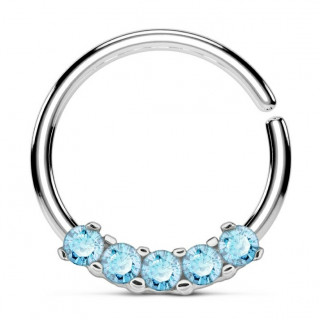 Anneau tordable (oreille, septum...) � cinq strass - Bleu aqua