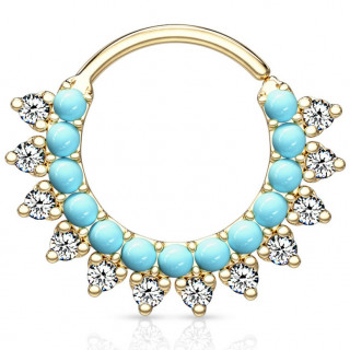 Anneau tordable soleil strass et turquoises - Dor� (septum, cartilage...)