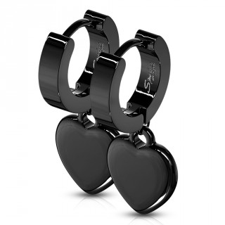 Boucles d'oreille noires acier � pendentif coeur (paire)