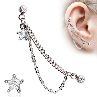 Double piercing cartilage � chaines et �toile strass - clair