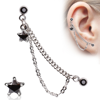 Double piercing cartilage � chaines et �toile strass - noir