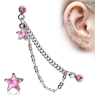 Double piercing cartilage � chaines et �toile strass -  rose