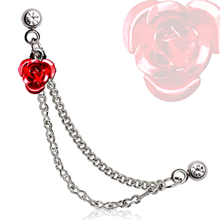 Double piercing cartilage rose rouge � chaines