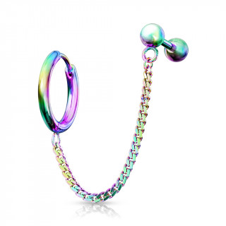 Double piercing d'oreille anneau clip et barbell echain�s - Arc en ciel