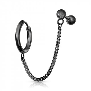 Double piercing d'oreille anneau clip et barbell echain�s - Noir