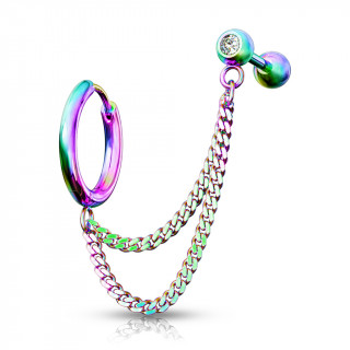 Double piercing d'oreille anneau clip et barbell strass enchain�s - Arc en ciel