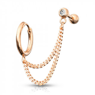 Double piercing d'oreille anneau clip et barbell strass enchain�s - Cuivr�