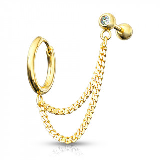 Double piercing d'oreille anneau clip et barbell strass enchain�s - Dor�