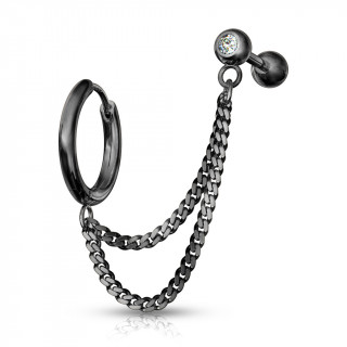 Double piercing d'oreille anneau clip et barbell strass enchain�s - Noir