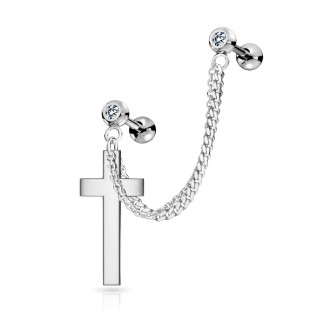 Double piercing d'oreille boules strass et croix � chaine - Inox
