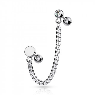 Double piercing d'oreille Disque et boule strass � chaine