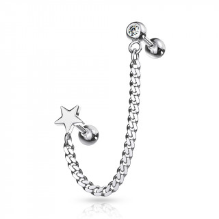 Double piercing d'oreille Etoile et boule strass � chaine