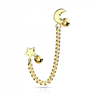 Double piercing d'oreille Etoile et Lune � chaine - Dor�