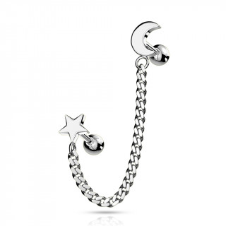Double piercing d'oreille Etoile et Lune � chaine - Inox