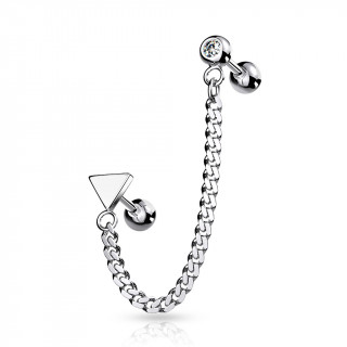 Double piercing d'oreille Triangle et boule strass � chaine