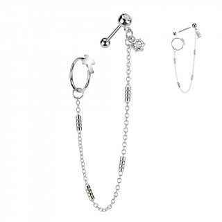 Double piercing oreille anneau croix et barbell serti � chaine
