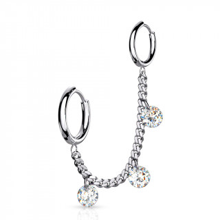 Double piercing oreille � anneaux et zirconiums enchain�s - Inox
