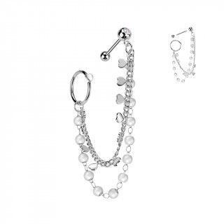 Double piercing oreille � chaine de coeurs et chapelet de perles