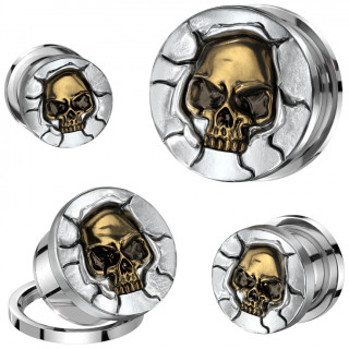 Ecarteur plug d�vissable � t�te de mort dor�e et fond fissur�