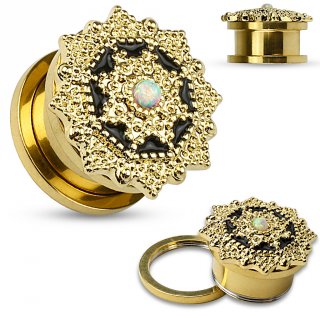 Ecarteur plug dor� en acier � bouclier tribal perl� en laiton avec Opale