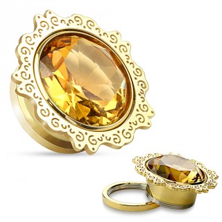 Ecarteur plug en acier dor� � fleur de Lotus avec pierre ambr�e