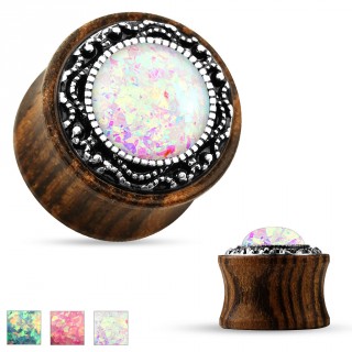 Ecarteur plug en bois avec opale synth�tique et anneau tribal