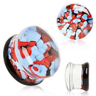 Ecarteur plug en verre � motif caillous rouges et bleus