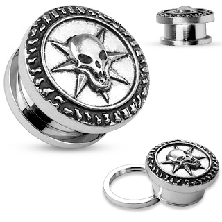 Ecarteur plug gris en acier avec �cusson � crane �toil� en laiton