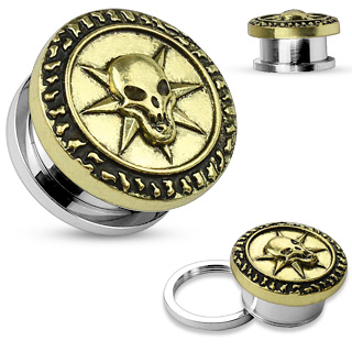 Ecarteur plug gris en acier avec �cusson dor� � crane �toil� en laiton