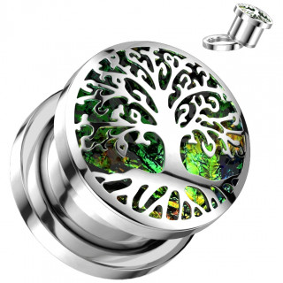 Ecarteur tunnel acier � arbre de vie sur fond vert effet opale (d�vissable)