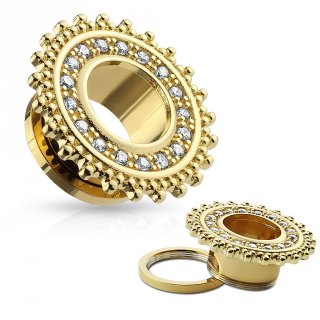 Ecarteur tunnel bouclier tribal dor� en acier � strass