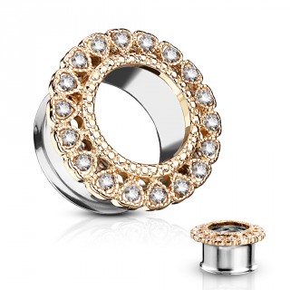 Ecarteur tunnel � couronne de coeurs cuivr�e sertie