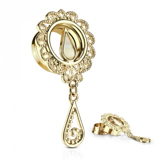 Ecarteur tunnel floral dor� � goutte en nacre et pendentif