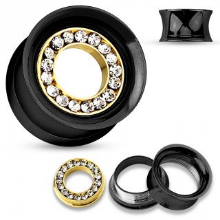 Ecarteur tunnel noir en acier avec anneau dor� incrust� de strass