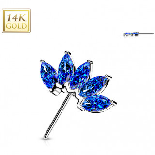 Embout de piercing Eventail d'or blanc 14 carats � zirconiums bleu profond (pour tige push-in)