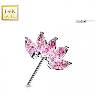 Embout de piercing Eventail d'or blanc 14 carats � zirconiums roses (pour tige push-in)