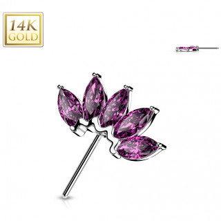 Embout de piercing Eventail d'or blanc 14 carats � zirconiums violets (pour tige push-in)